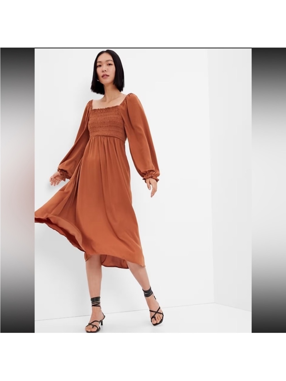 GAP Smocked Square-Neck Midi Dress in Rust